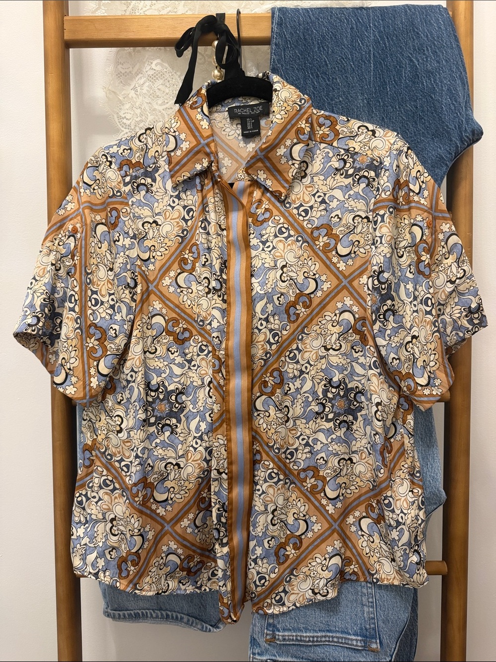 Rachel Zoe Silk Blend Paisley Button Front Blouse | Size L